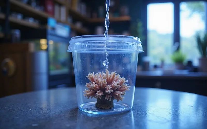 Acclimation container receiving slow drip from display tank for new coral