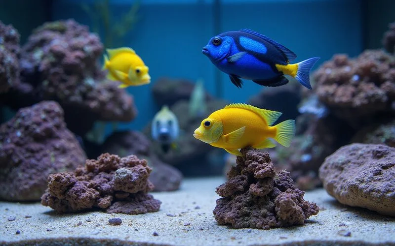 African Mbuna aquarium with stacked rock and colorful cichlids