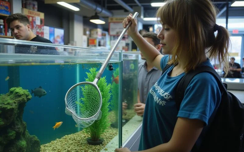 Staff member netting a cardinal tetra from a display tank for a customer