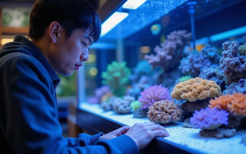 Customer inspecting frags on the coral rack at Gulf Coast Aquatics