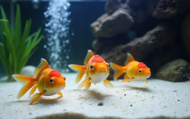 Three ranchu goldfish swimming in a 75-gallon aquarium