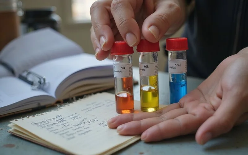 Hand holding API freshwater master test kit with vials and a written cycling log