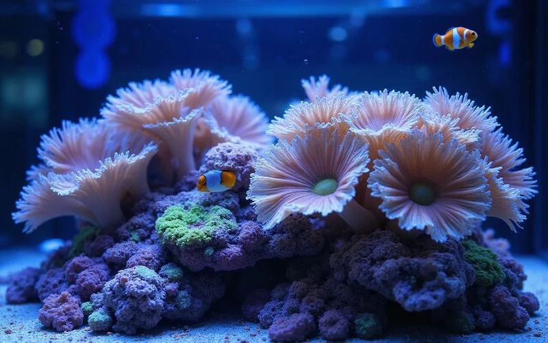 Mixed saltwater reef tank with corals and clownfish under reef lighting