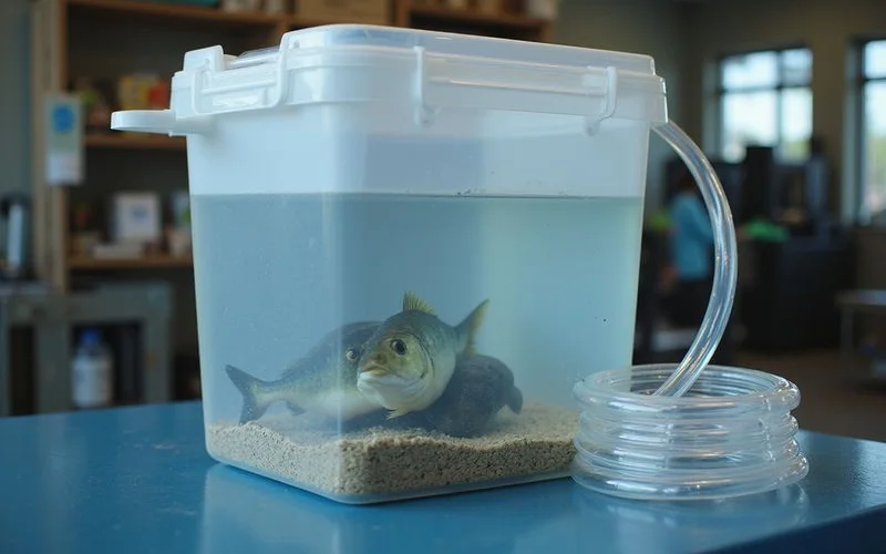 Plastic acclimation container with new fish and drip line