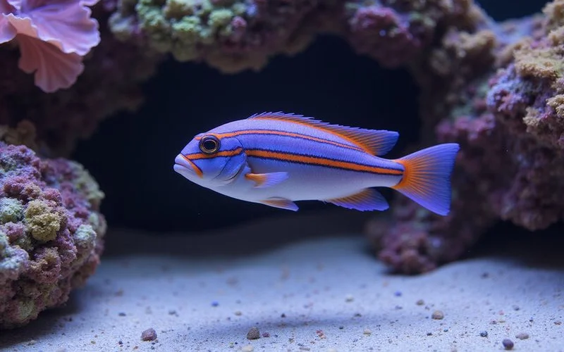 Six-line wrasse swimming through coral rockwork
