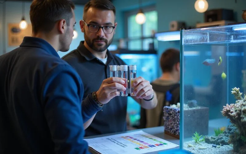 Staff member explaining water test results to a customer at the counter