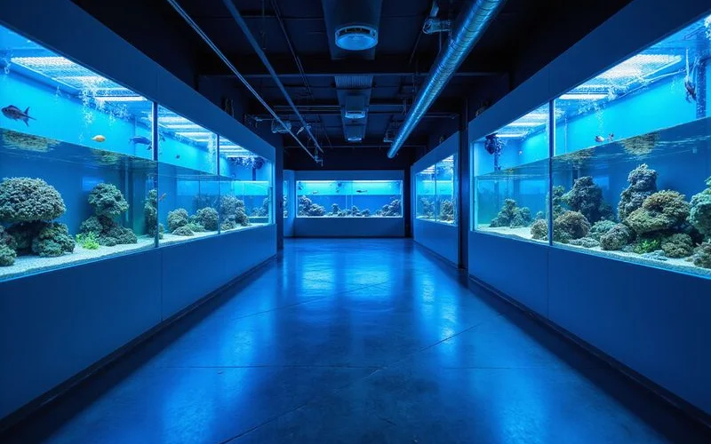 Wide view of the dedicated saltwater room at Gulf Coast Aquatics