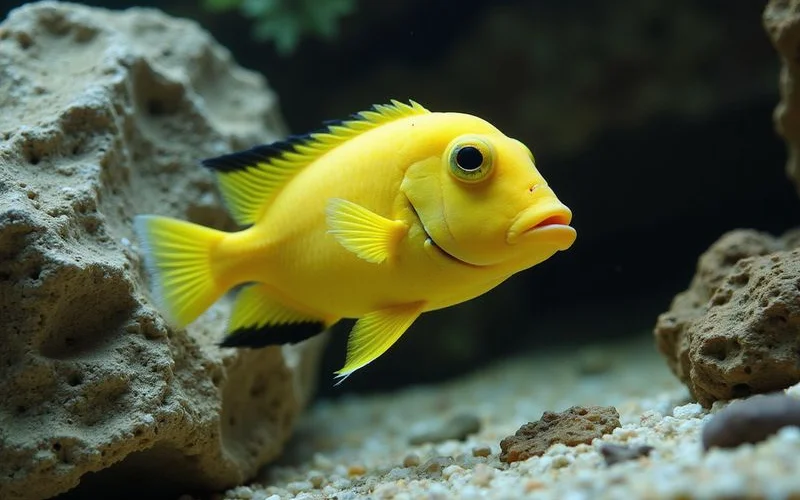 Yellow lab cichlid swimming near rockwork