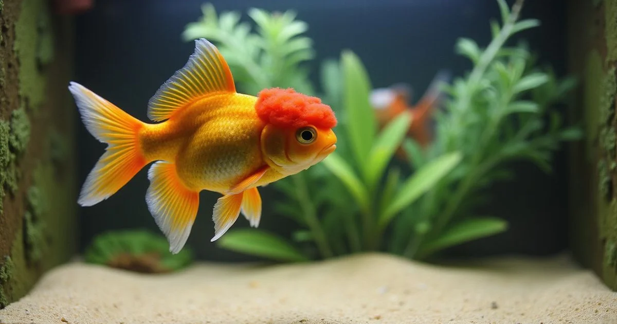 Adult oranda goldfish swimming in a properly sized 30-gallon aquarium
