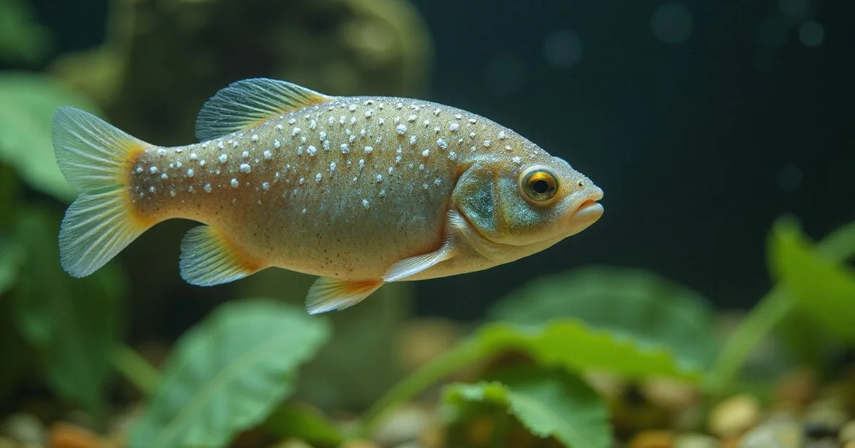 Close-up of a freshwater fish showing early-stage white spot disease (ich)