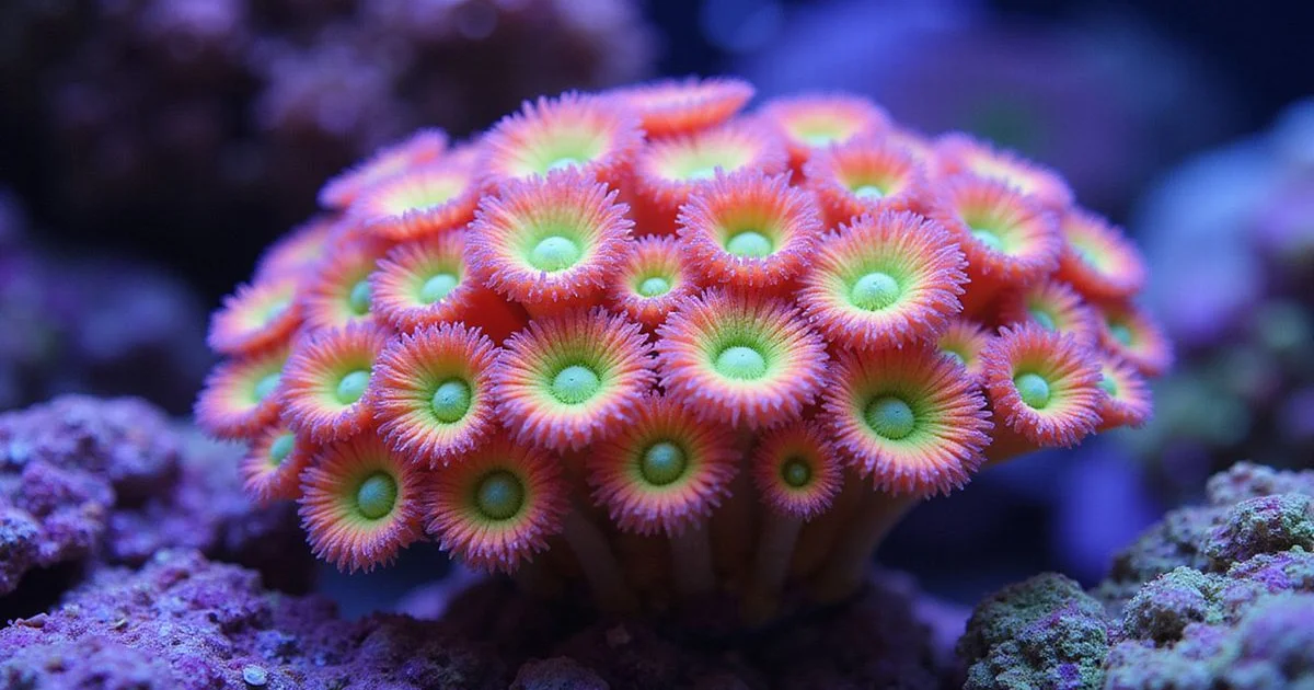 Cluster of brightly colored zoanthid coral polyps under reef lighting