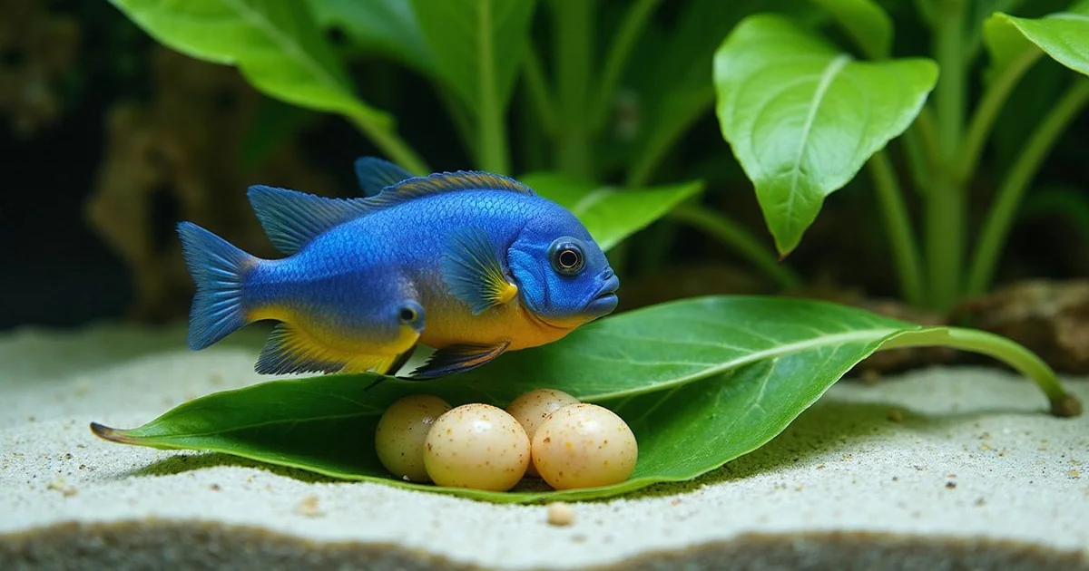 Pair of German blue ram cichlids guarding eggs in a planted tank