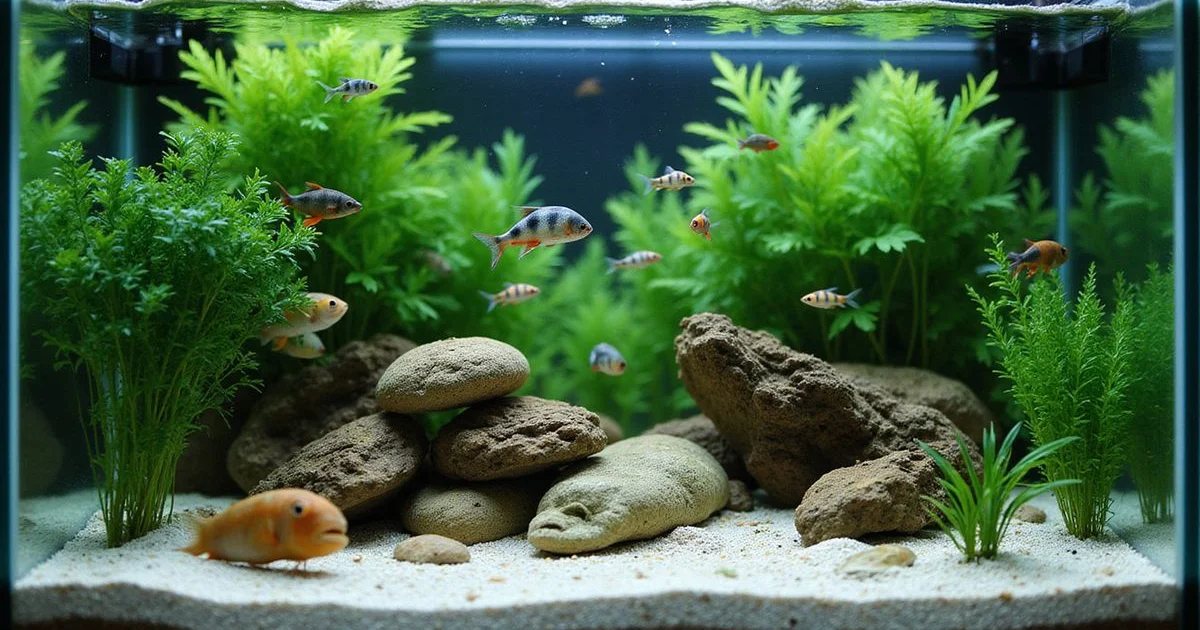 Mixed peaceful community tank with neon tetras, corydoras, and rasboras swimming at different levels in a planted aquascape