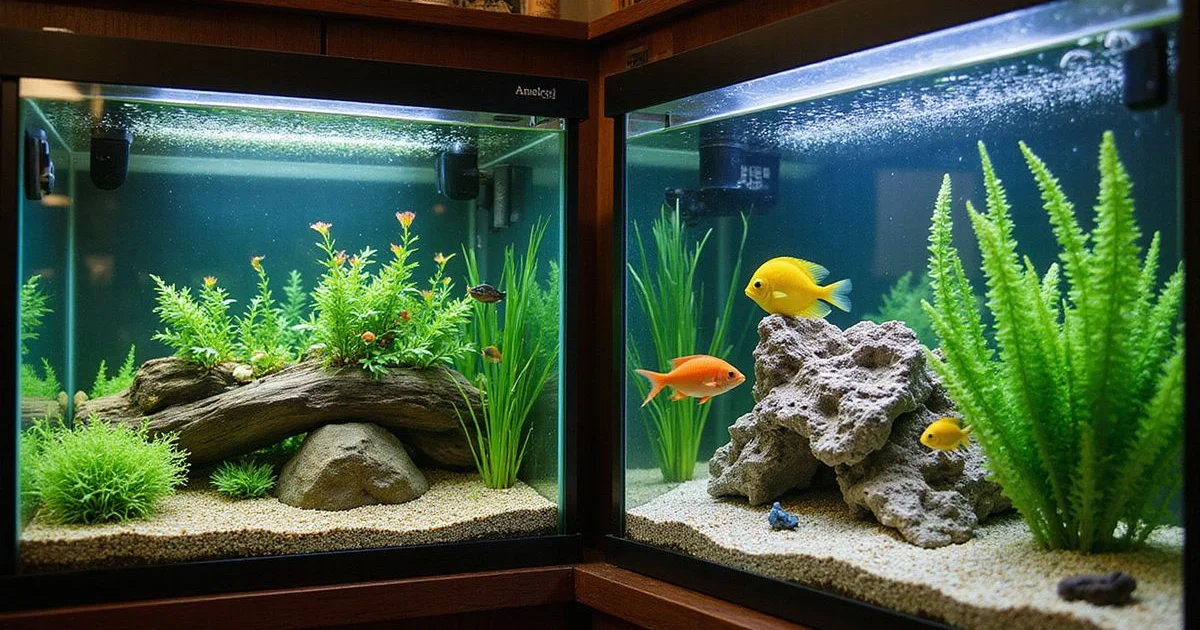 Side-by-side: peaceful planted community tank with tetras and African cichlid tank with rockwork