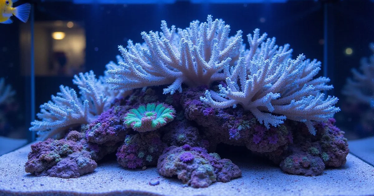 SPS-dominant reef aquarium with Acropora colonies under reef lighting