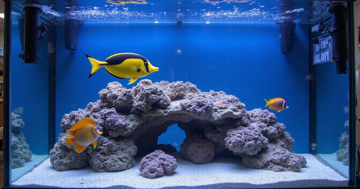 125-gallon mixed saltwater tank with yellow tang, royal gramma and six-line wrasse