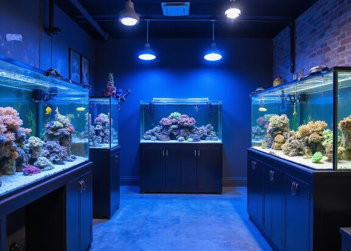 Saltwater room at Gulf Coast Aquatics with display tanks and coral racks